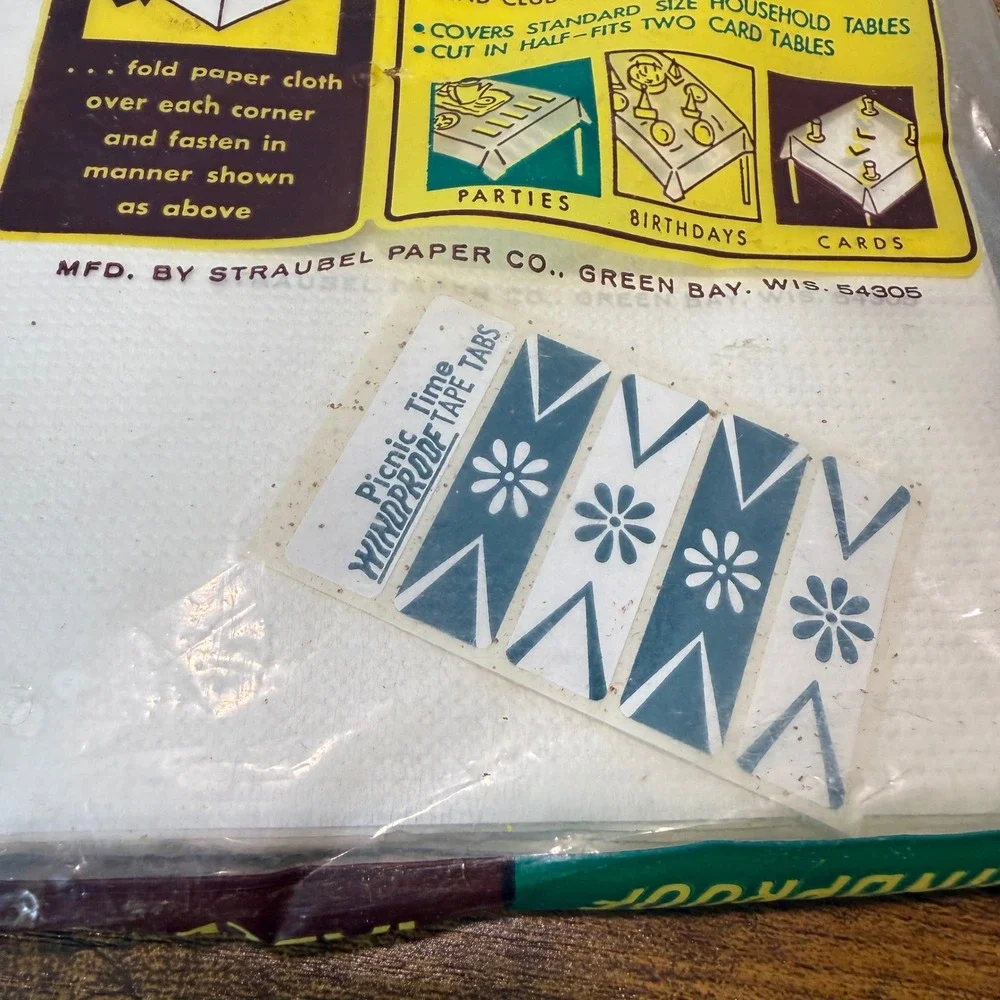 Vtg Picnic Time Windproof‎ Tablecloth 60s Straubel Paper Co White NEW Retro Prop